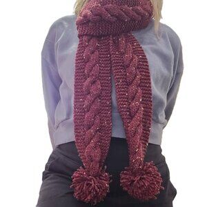 Handmade Skinny scarf, cable knit and pom poms speckled burgundy